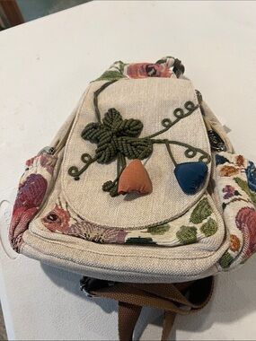 Boho Floral Embroidered Canvas sling/backpack in Natural with Green Accents